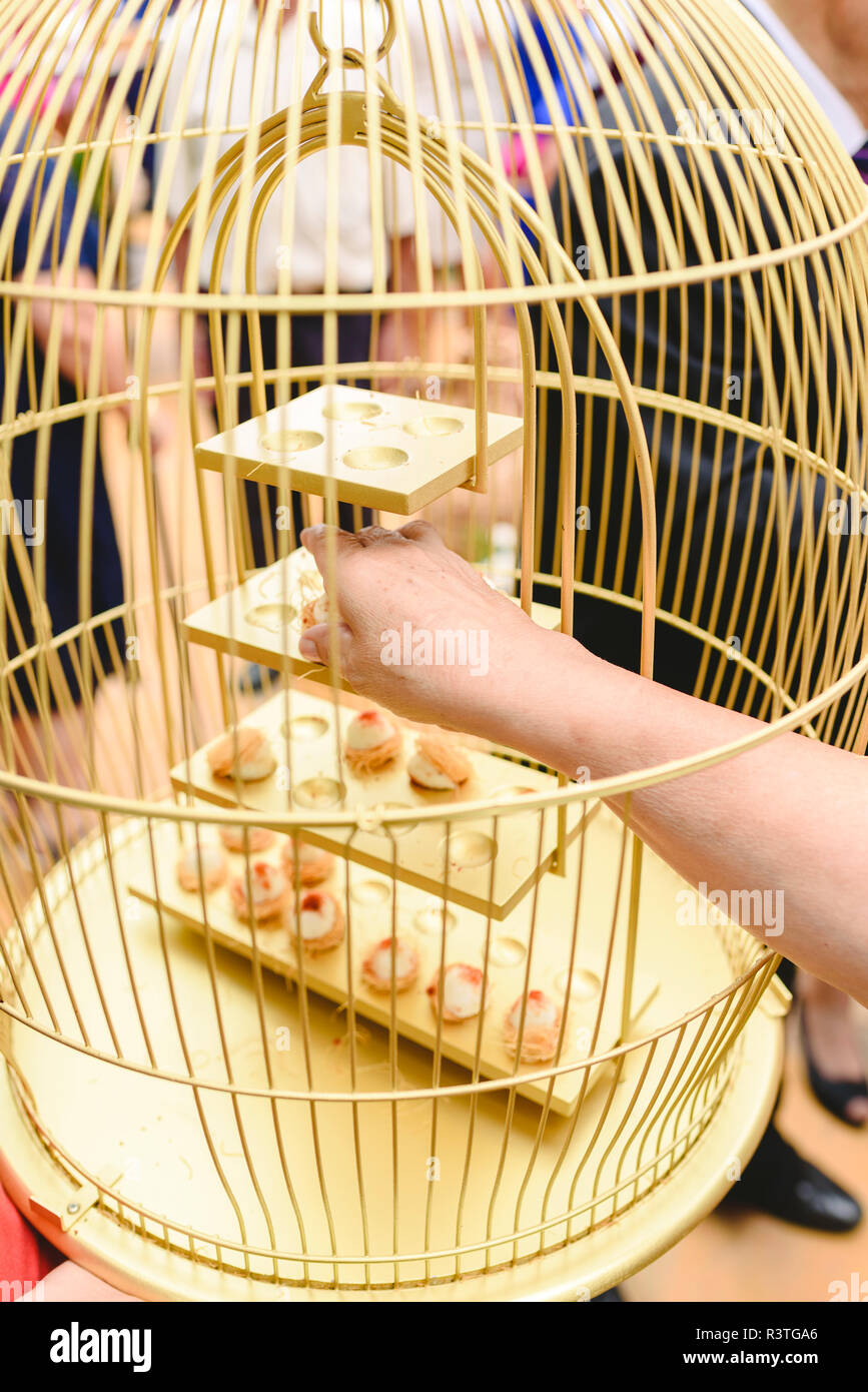 En forme d'oeuf d'oiseau à l'intérieur sert des hors-d'un luxe cage dorée. Banque D'Images