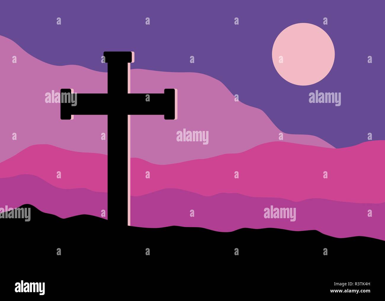 Une vue symbolique du crucifix sur le Golgotha montagnes avec la lune dans le ciel Illustration de Vecteur