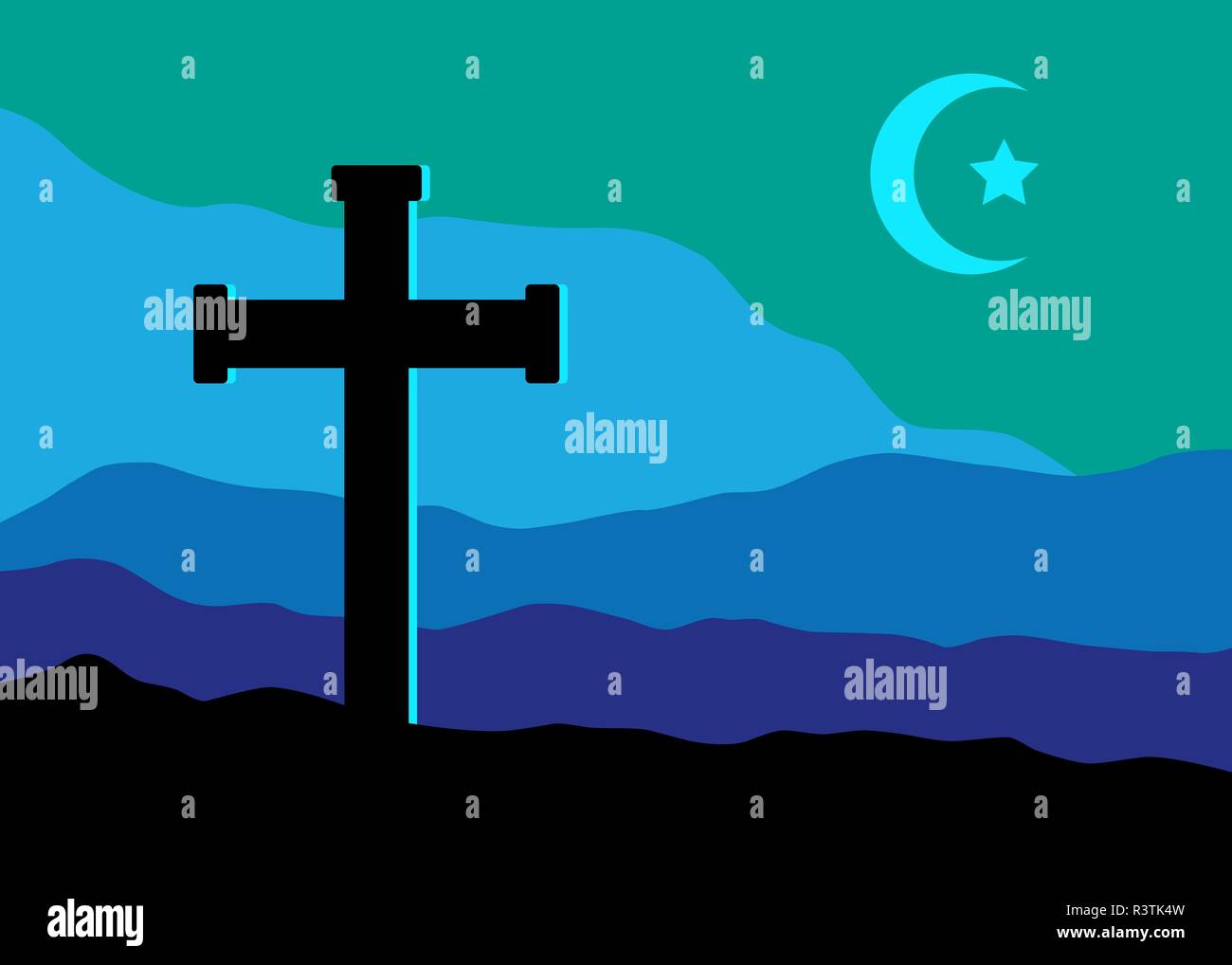 Une vue symbolique du crucifix sur le Golgotha montagnes avec le croissant de lune et une étoile dans le ciel comme symbole ensemble chrétiens et musulmans Illustration de Vecteur