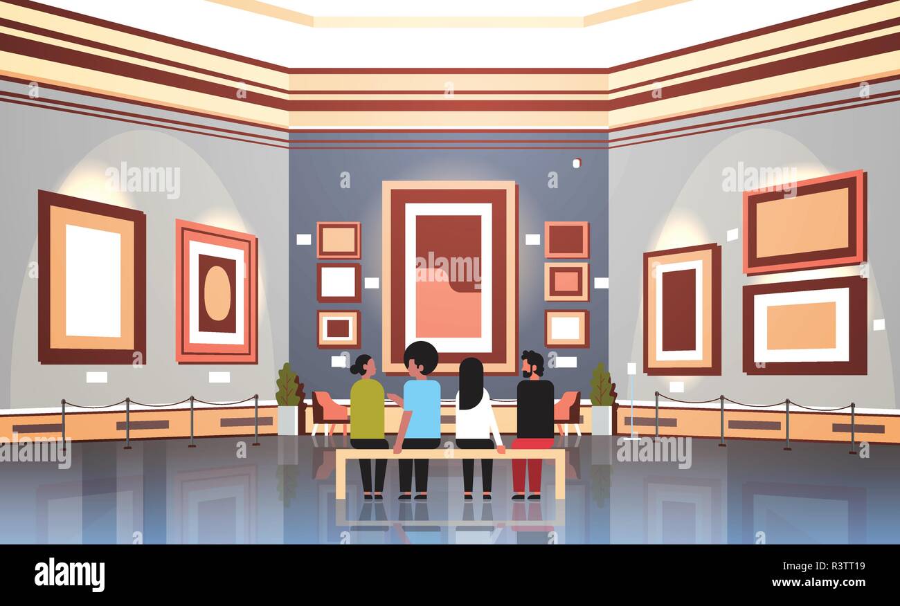 Les touristes les gens de visiteurs à l'intérieur du Musée Galerie d'art moderne assis sur un banc à la peinture contemporaine expositions d'art ou l'horizontale Illustration de Vecteur
