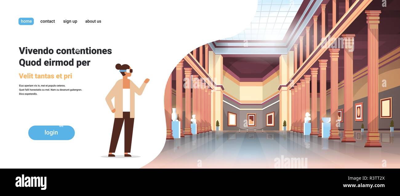 Porter des lunettes femme numérique réalité virtuelle galerie d'art musée historique classique hall avec des colonnes antiques et des sculptures d'intérieur expositions collection plate horizontale copy space Illustration de Vecteur