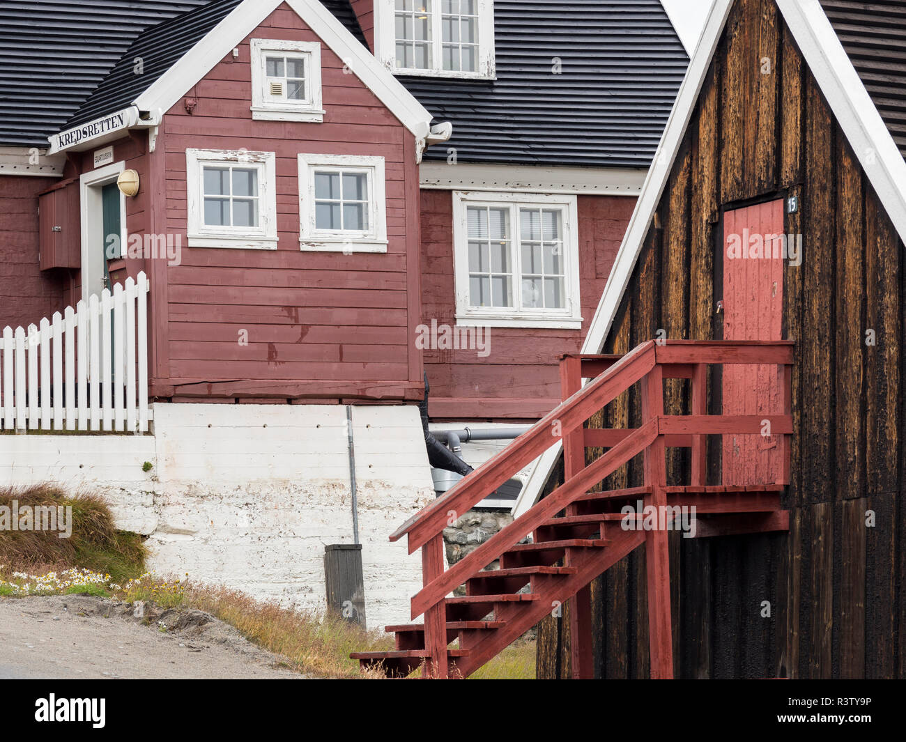 Les bâtiments traditionnels de l'époque coloniale. La proximité icefjord est inscrit comme site du patrimoine mondial de l'UNESCO. Le Groenland, le Danemark (usage éditorial uniquement) Banque D'Images