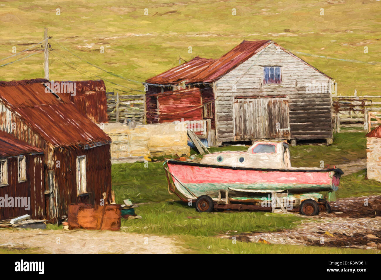 Règlement et bateau, Pebble Island, Îles Falkland, peinture effet sur village et vieux bateau, îles Falkland. Banque D'Images