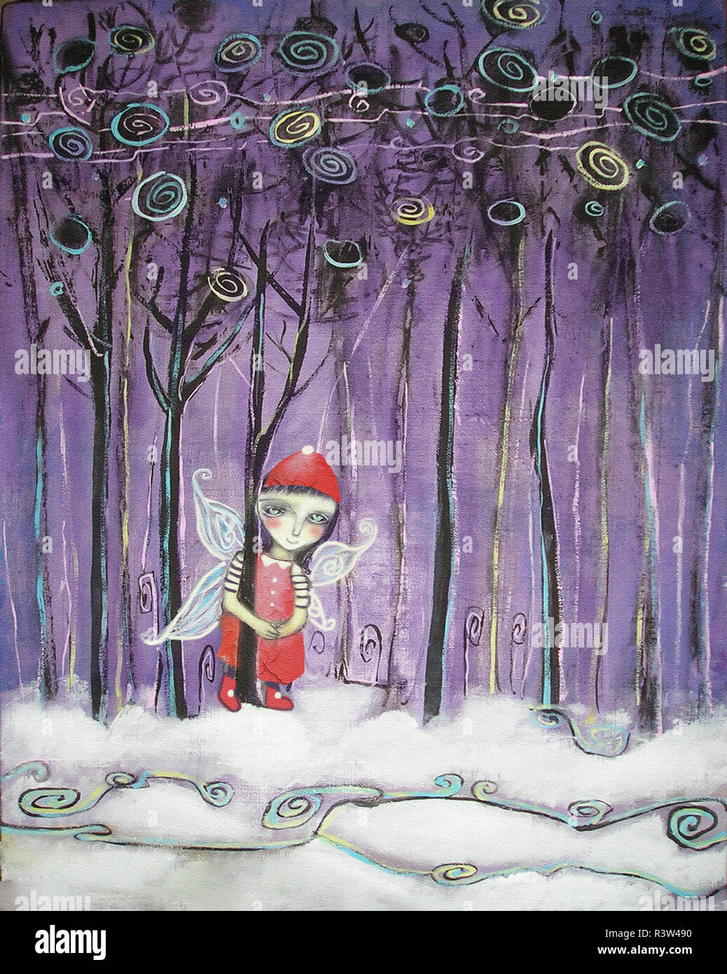 Elf en vêtements rouge entre les arbres enneigés. Peinture acrylique sur toile. Illustration du Nouvel An. Banque D'Images