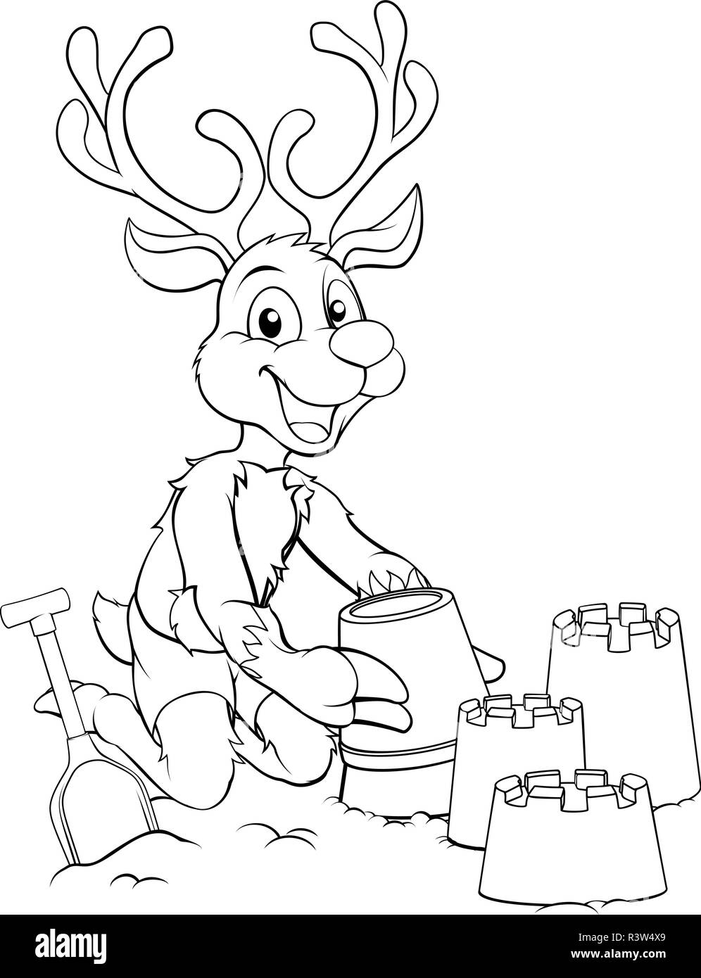 Le renne de Noël sur la plage Faire des châteaux de sable Illustration de Vecteur