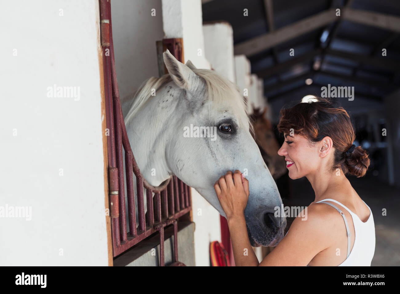 Smiling woman stroking horse stable en Banque D'Images