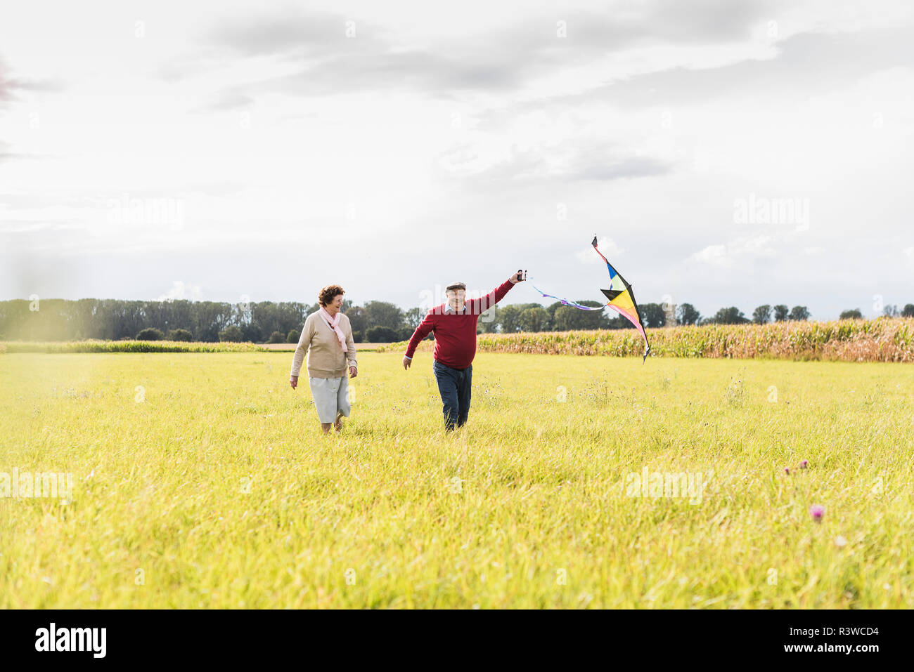 Happy senior couple flying kite in rural landscape Banque D'Images