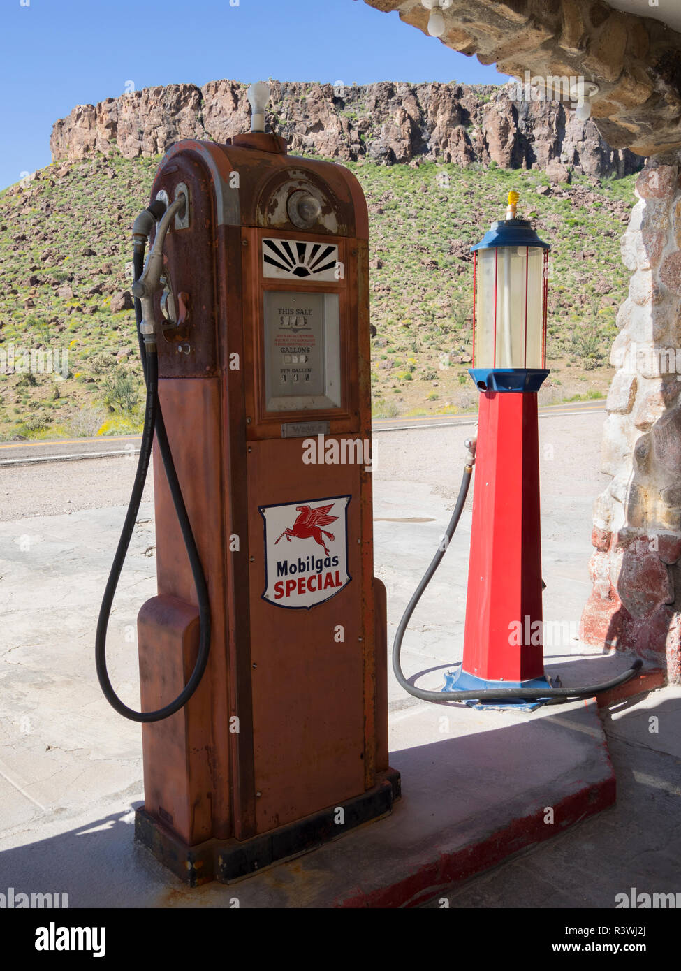 Arizona, Cool Springs, pompe à essence, Route 66 1920 Gas Station (restauré) Banque D'Images