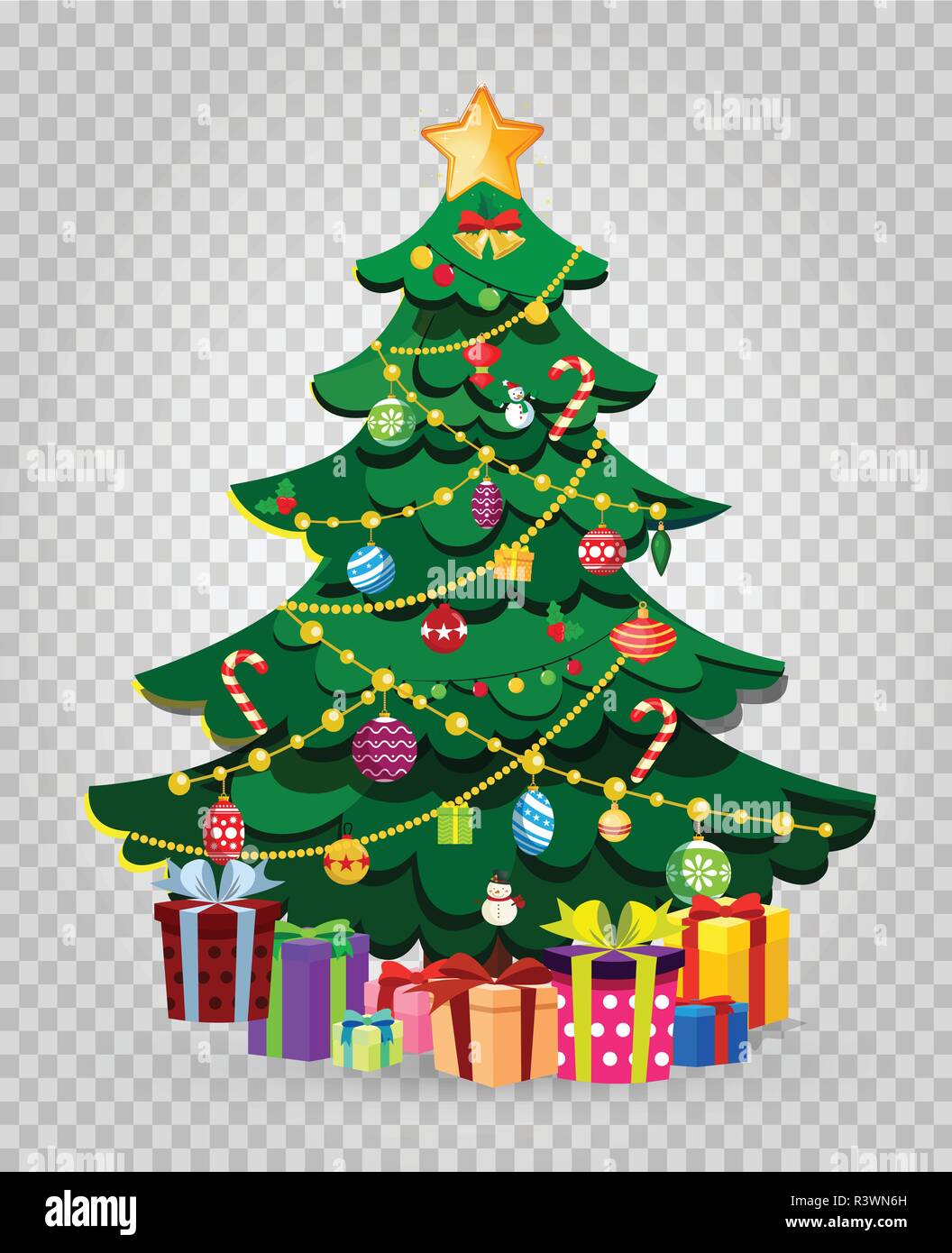 Cute cartoon décoré de sapins de Noël avec beaucoup de cadeaux et présents des boîtes. Étoiles 