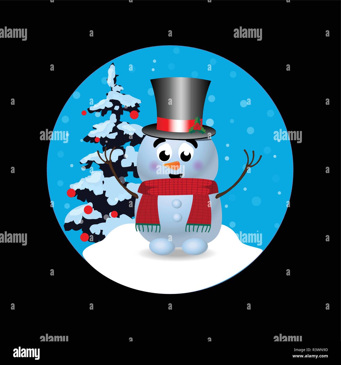 Noël, jour de l'année icône signe avec mignon personnage bonhomme dans top hat, sapin isolé sur fond noir. Illustration vectorielle, icône, Illustration de Vecteur