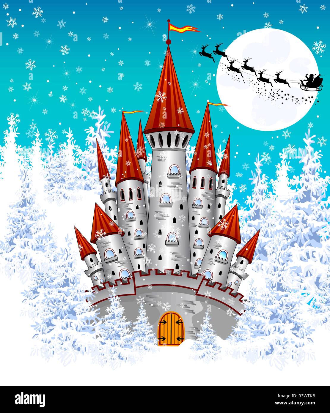Chateau De Dessin Anime Sur L Arriere Plan De L Hiver De La Foret Couverte De Neige Silhouette De Santa Sur Un Traineau Contre Le Ciel De Nuit Et La Lune Paysage D Hiver Image Vectorielle