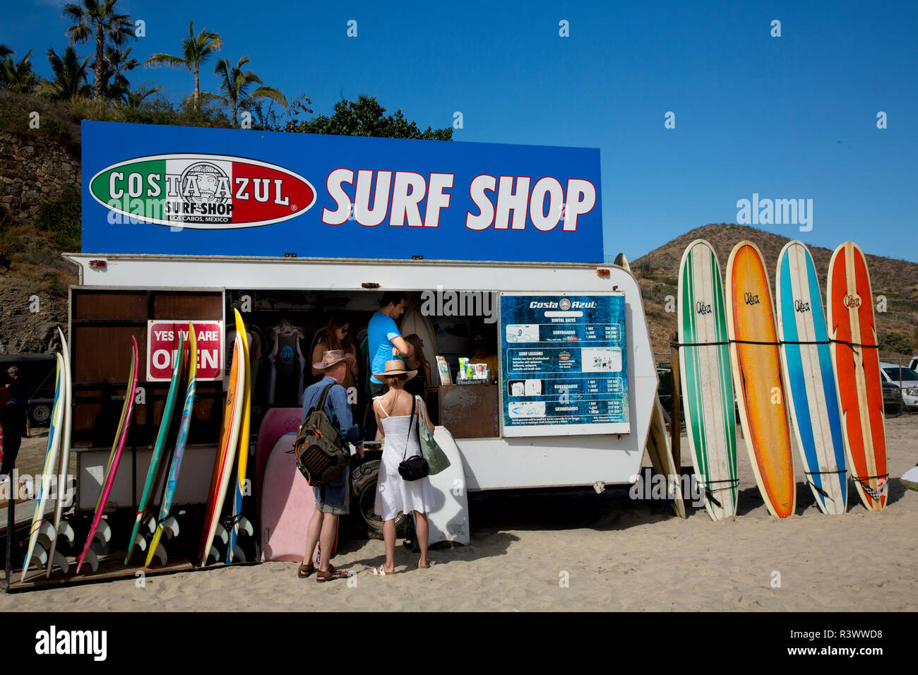 Mexique, Baja California, de Baja Sur, Cerritos Beach Surf, magasin de location. Banque D'Images