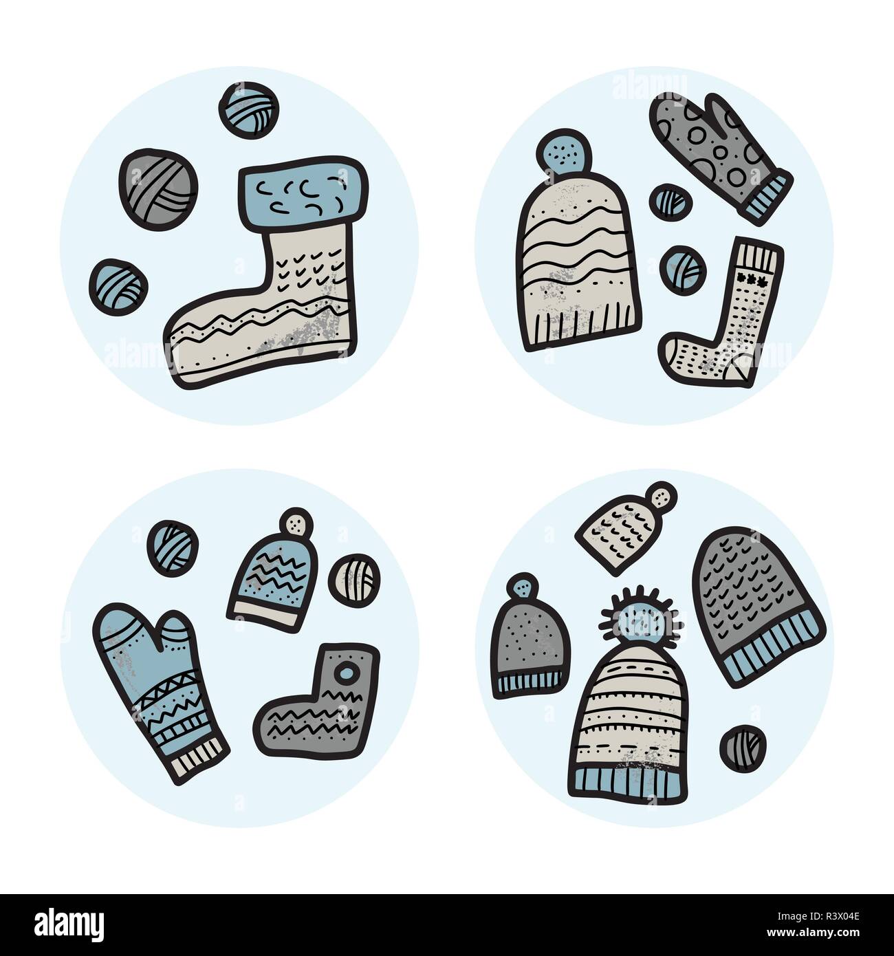 Vêtements tricotés. Set de badges rond de chaussettes d'hiver chaud, gants, bonnet. Illustration de Vecteur