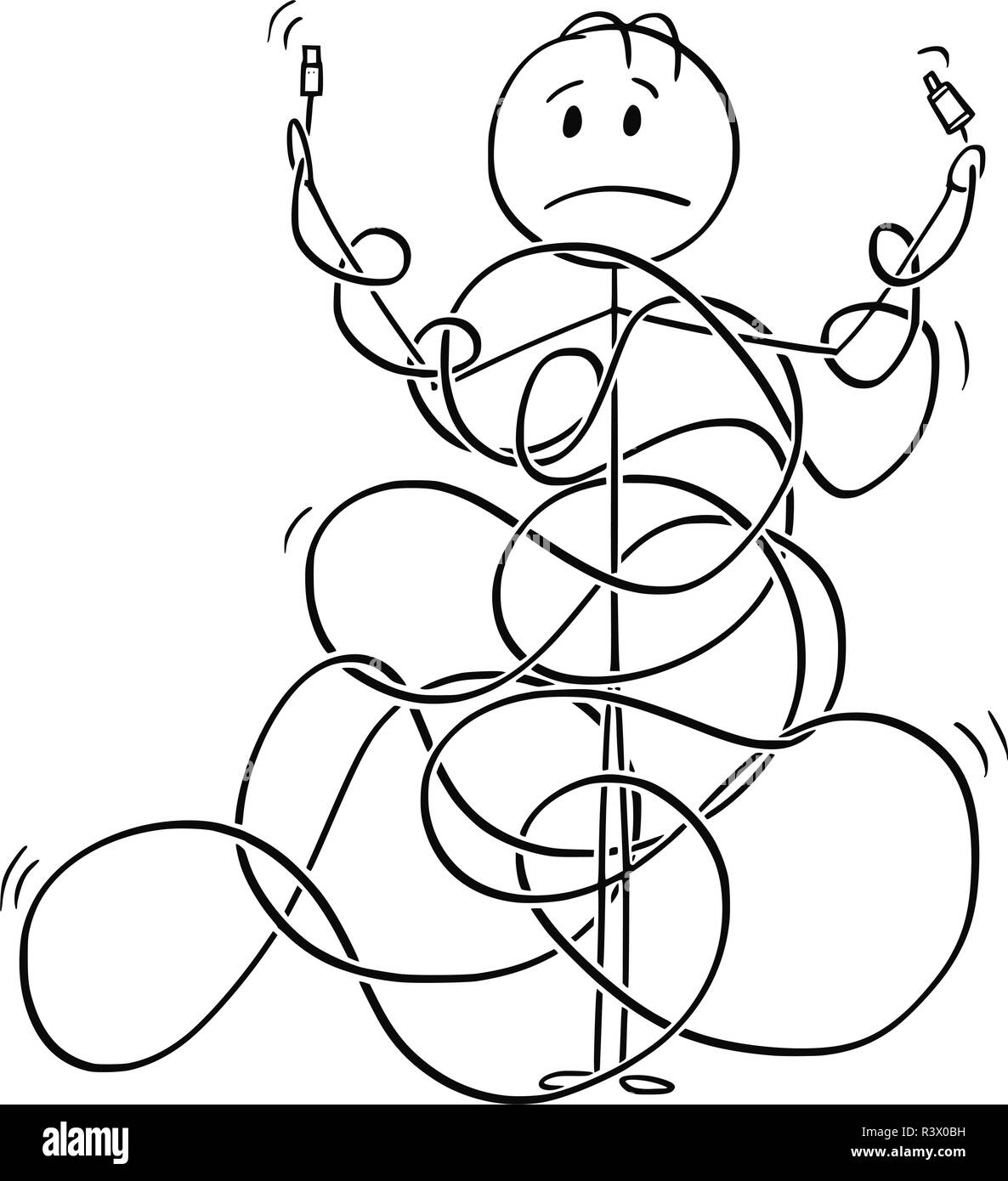 Caricature de l'homme ou le technicien enchevêtré dans alimentation, câble ou ligne Illustration de Vecteur