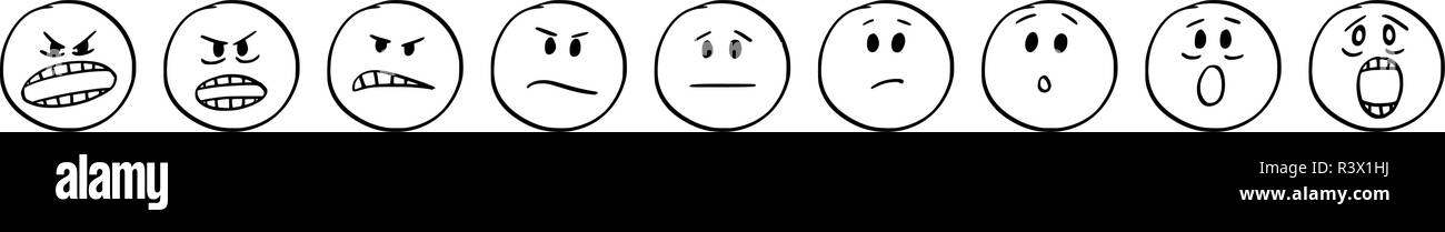 Caricature de jeu de Smiley Faces montrant les émotions de l'agression d'effrayer ou de peur Illustration de Vecteur