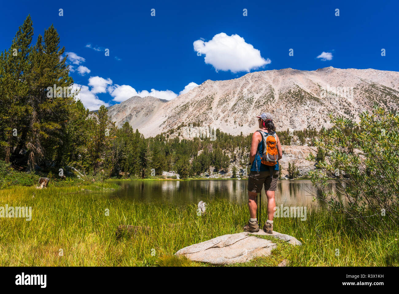 Randonneur sur la rive du Grand Lac des Pins Numéro 4, John Muir Wilderness, la Sierra Nevada, en Californie, USA (MR) Banque D'Images