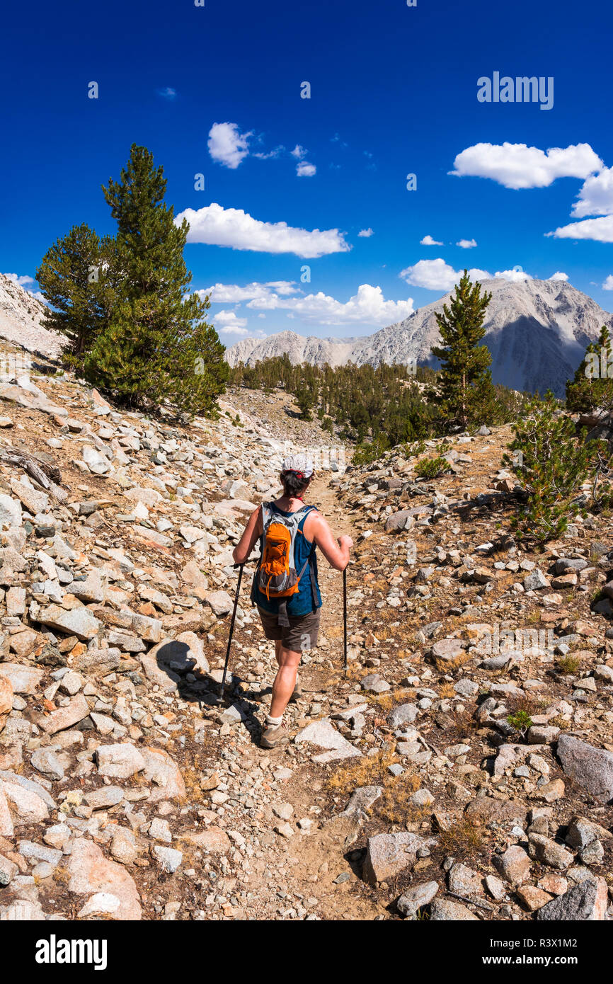 Randonneur sur la partie supérieure de Big Pine Lakes Trail, John Muir Wilderness, la Sierra Nevada, en Californie, USA (MR) Banque D'Images