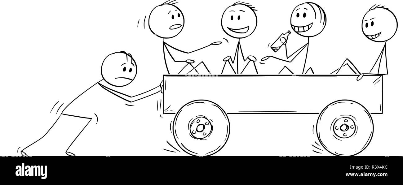 Caricature de quatre hommes d'affaires bénéficiant d'équitation sur chariot poussé par un homme Illustration de Vecteur