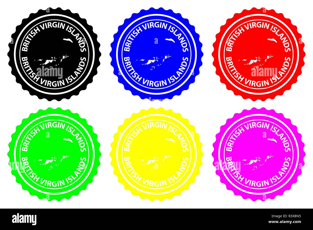 Îles Vierges britanniques - timbres en caoutchouc - vecteur, Îles Vierges Britanniques (BVI) Carte - sticker - noir, bleu, vert, jaune, violet et rouge Illustration de Vecteur