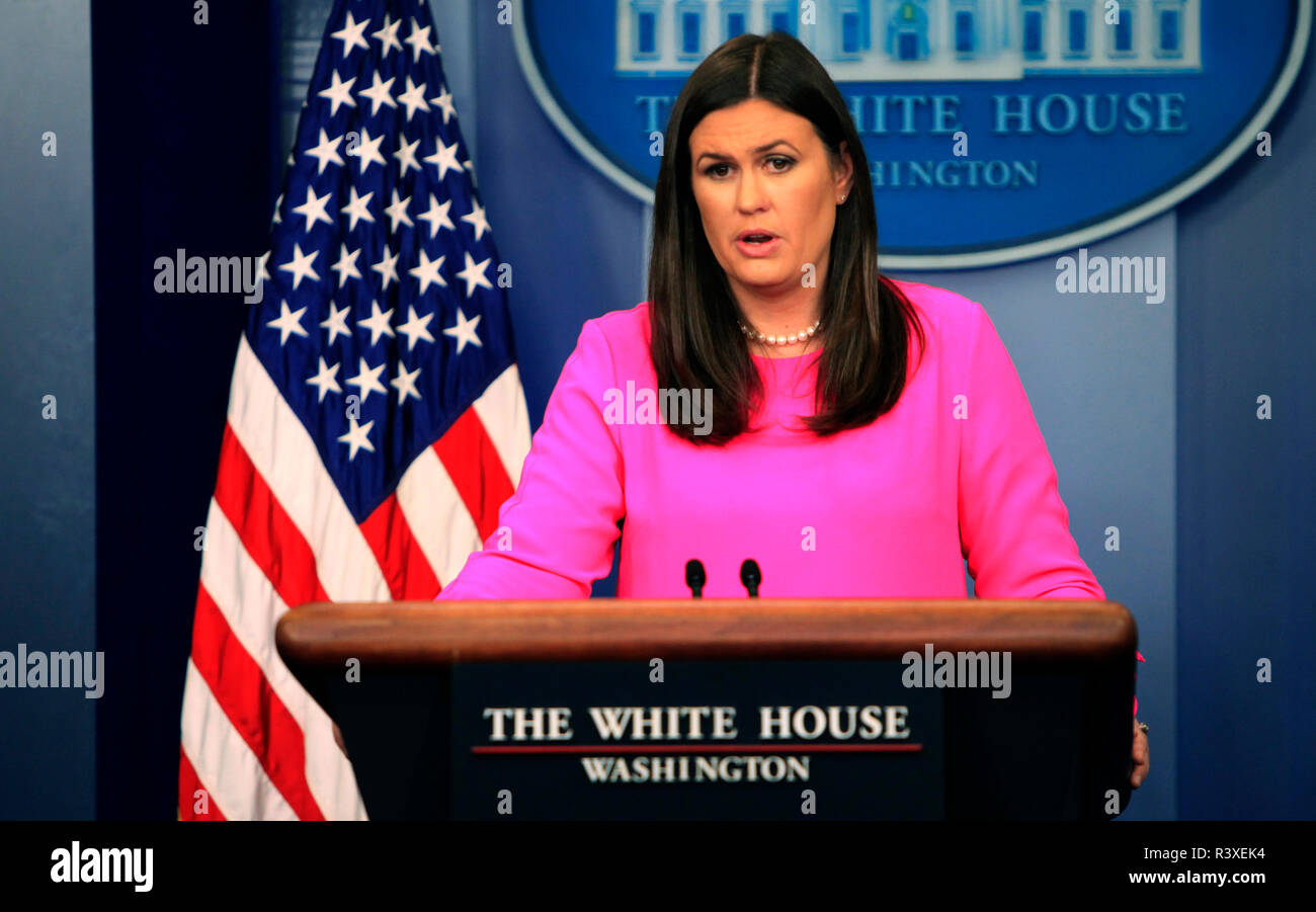 Secrétaire de presse Sarah Sanders dans la salle des conférences de presse de la Maison Blanche le 31 juillet 2017 Banque D'Images