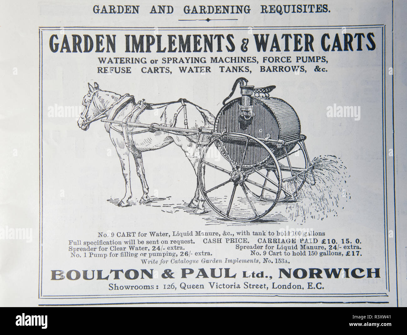 Une vieille publicité pour Boulton & Paul Jardin met en Œuvre et de l'eau des chariots. À partir d'un vieux magazine anglais de la période 1914-1918. England UK GO Banque D'Images