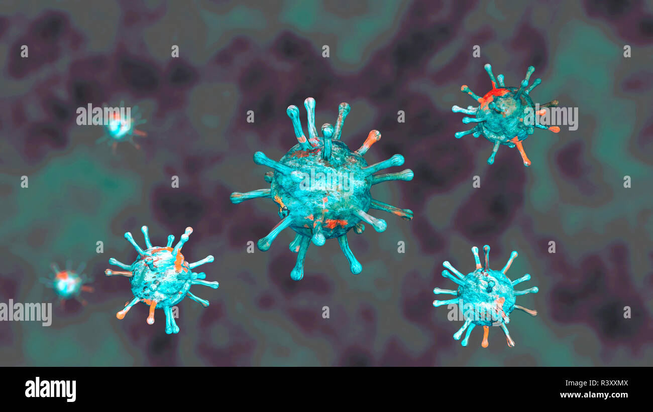 Les virus, micro-organismes, les doubles emplois et la propagation. Formation de bactéries et micro-organismes vu sous un microscope. Le rendu 3D Banque D'Images