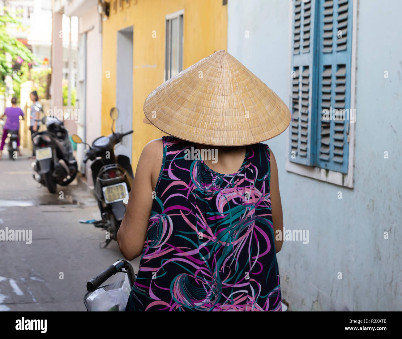 Vue arrière de la femme vietnamienne en Chapeau conique traditionnel Banque D'Images