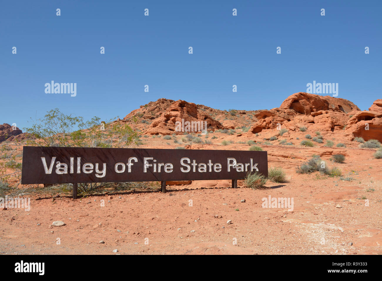 USA, Nevada. Vallée de Feu signe l'entrée du Parc Banque D'Images