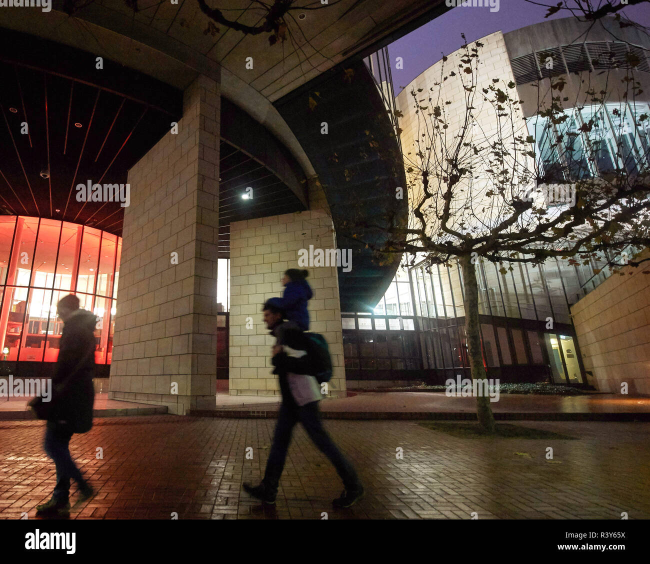 24 novembre 2018, en Rhénanie du Nord-Westphalie, Düsseldorf : la bibliothèque du Parlement d'Etat de Rhénanie du Nord-Westphalie est allumé en orange. Le pays est ainsi pris part à l'international 'Orange Votre ville' campagne de l'organisation des femmes Zonta International, qui vise à envoyer un signal contre la violence contre les femmes. Photo : Bernd Thissen/dpa Banque D'Images
