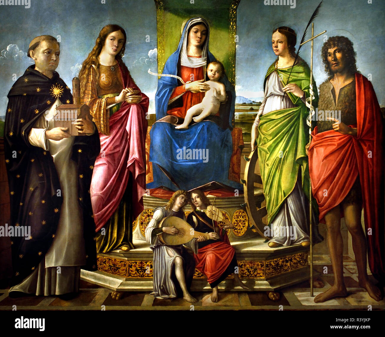 Madonna col bambino dans trono tra santi - la Madone et l~Enfant ont intronisé entre les Saints 1470 et 1510 Niccolo Rondinelli (1450-1510) l'Italie, l'italien. Banque D'Images