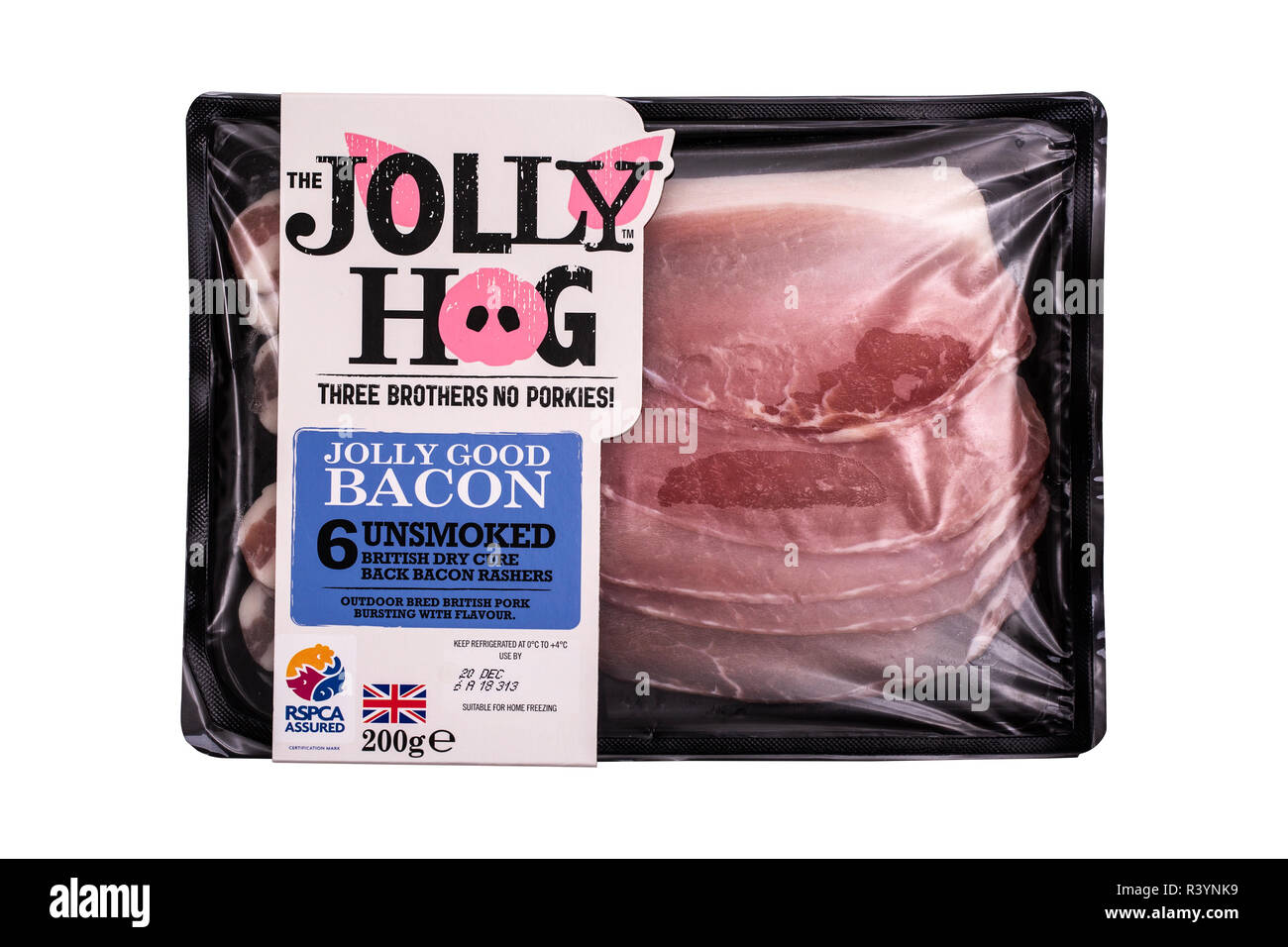 SWINDON, Royaume-Uni - 18 NOVEMBRE 2018 : le britannique non fumée porcine Jolly cure sec tranches de bacon de dos sur un fond blanc Banque D'Images