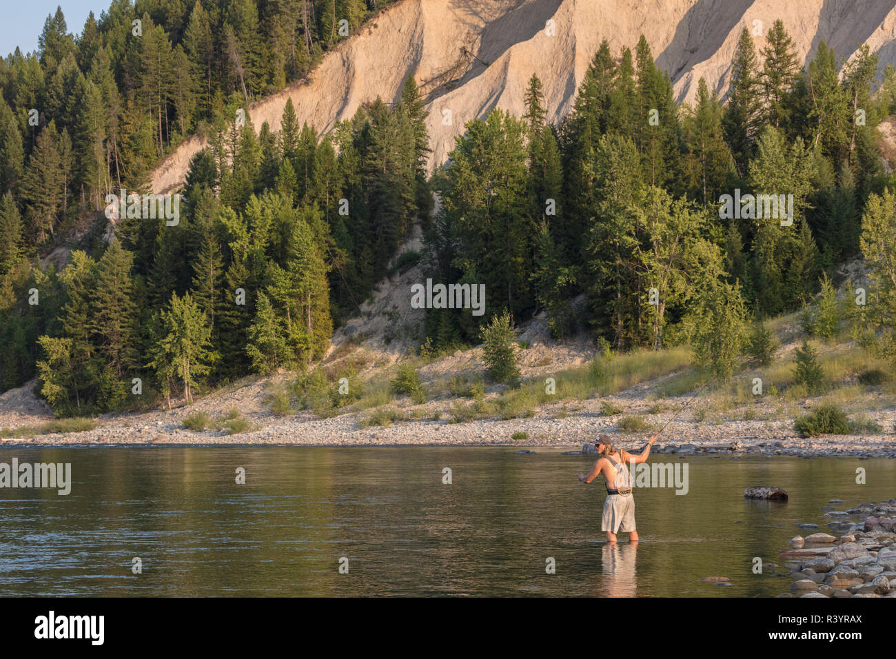 La pêche à la mouche sur la rivière Flathead, près de Coram, Montana, USA (MR) Banque D'Images