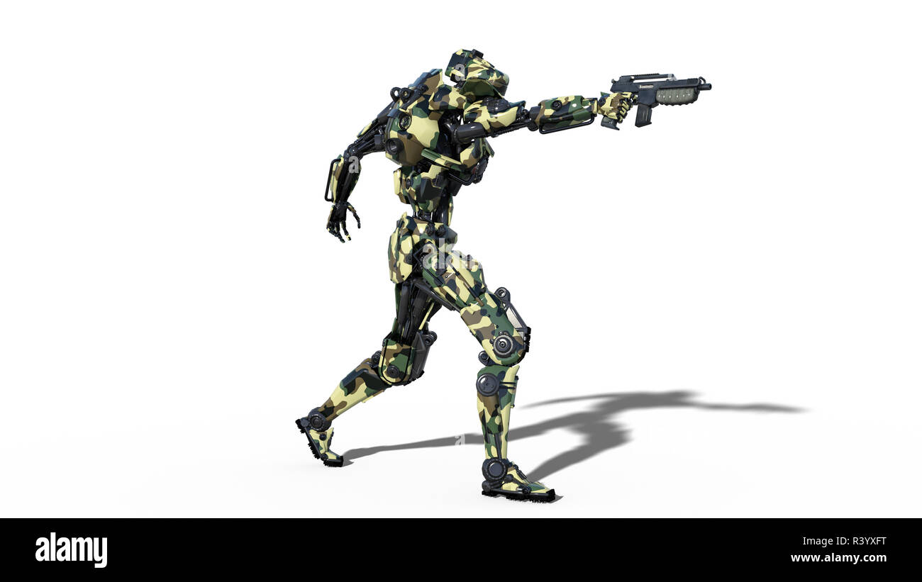 Robot de l'armée, les forces armées militaires soldat cyborg, android fusil de chasse sur fond blanc, 3D Rendering Banque D'Images