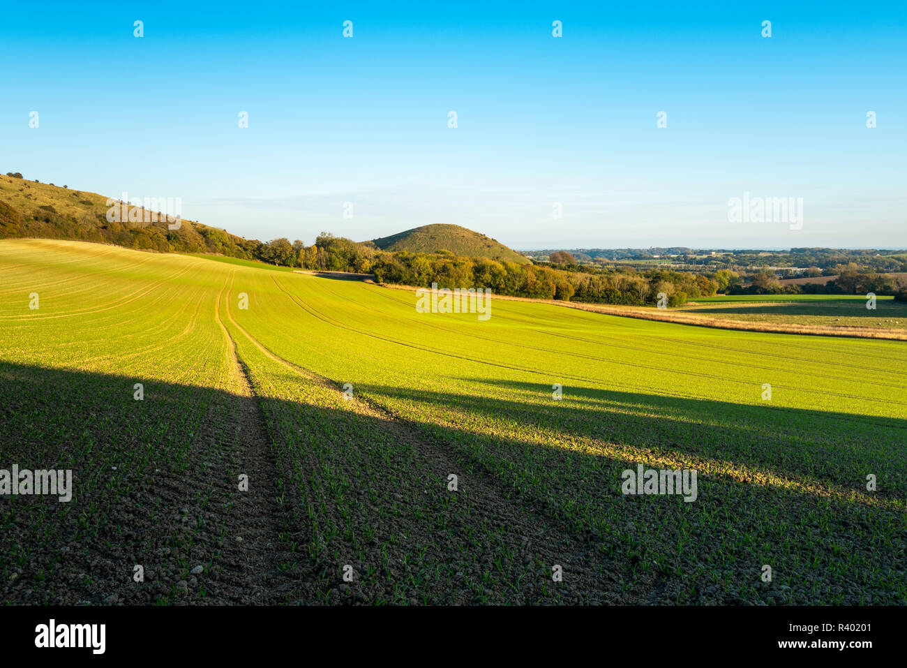 Vue d'un pavillon d'Hill dans le Kent Downs, une partie de l'ensemble de dunes du nord près de Folkestone. Banque D'Images