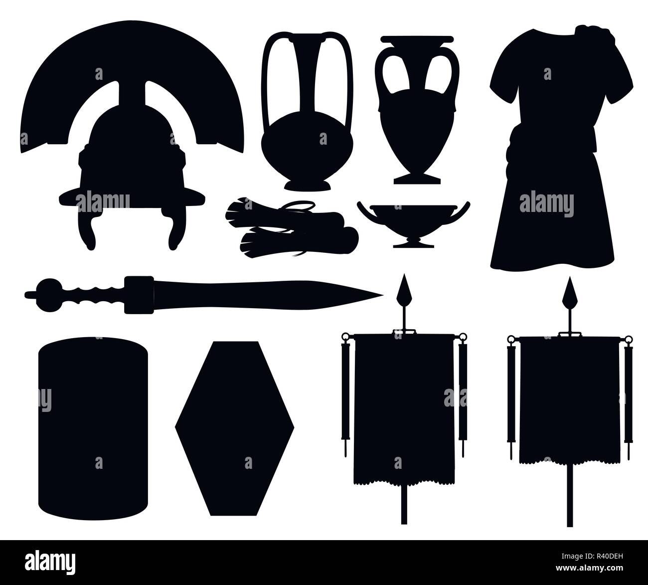 Silhouette noire. Collection d'icônes de la Rome antique. Vêtements, Gladius, scutum, morte et de vaisselle en céramique. Télévision vector illustrator isolé sur whit Illustration de Vecteur