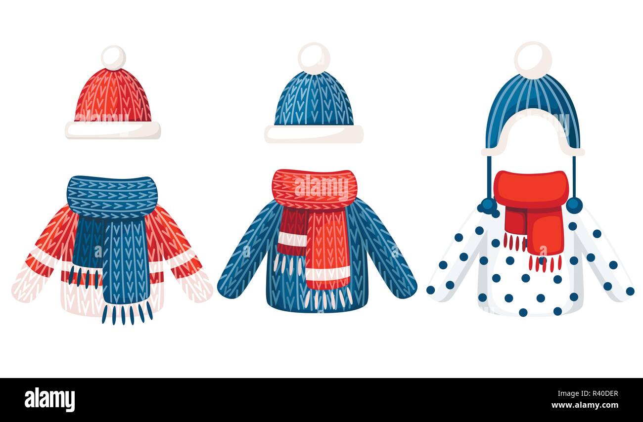 Ensemble de trois tenue d'hiver. Bonnet, écharpe en tricot et pullover avec  motif différent. Télévision vector illustration isolé sur fond blanc Image  Vectorielle Stock - Alamy