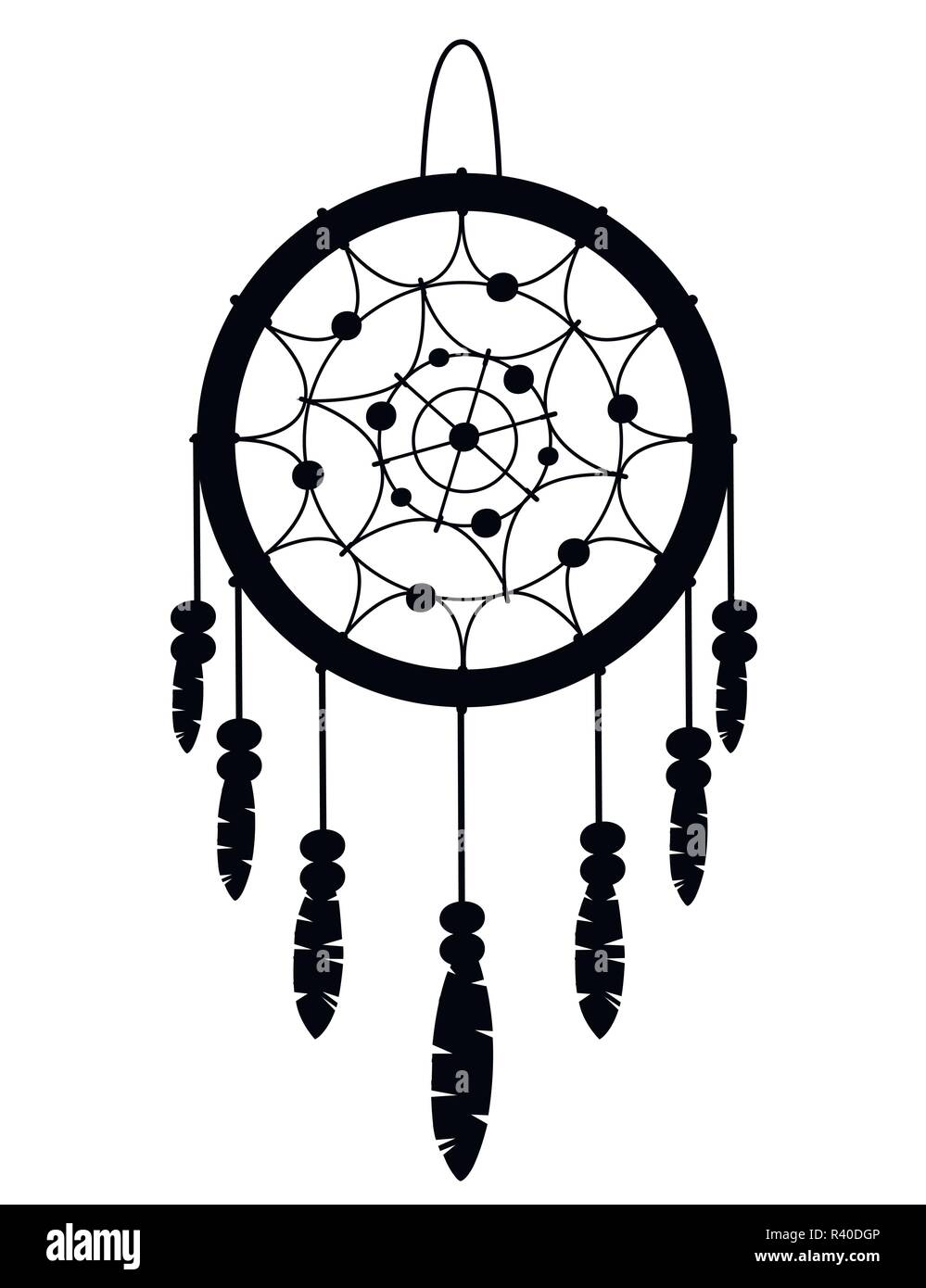 Silhouette noire. Boho Dreamcatcher Native American Indian talisman. Design Tribal. Item magique avec des plumes. Style à la mode télévision talisman. Vector Illustration de Vecteur