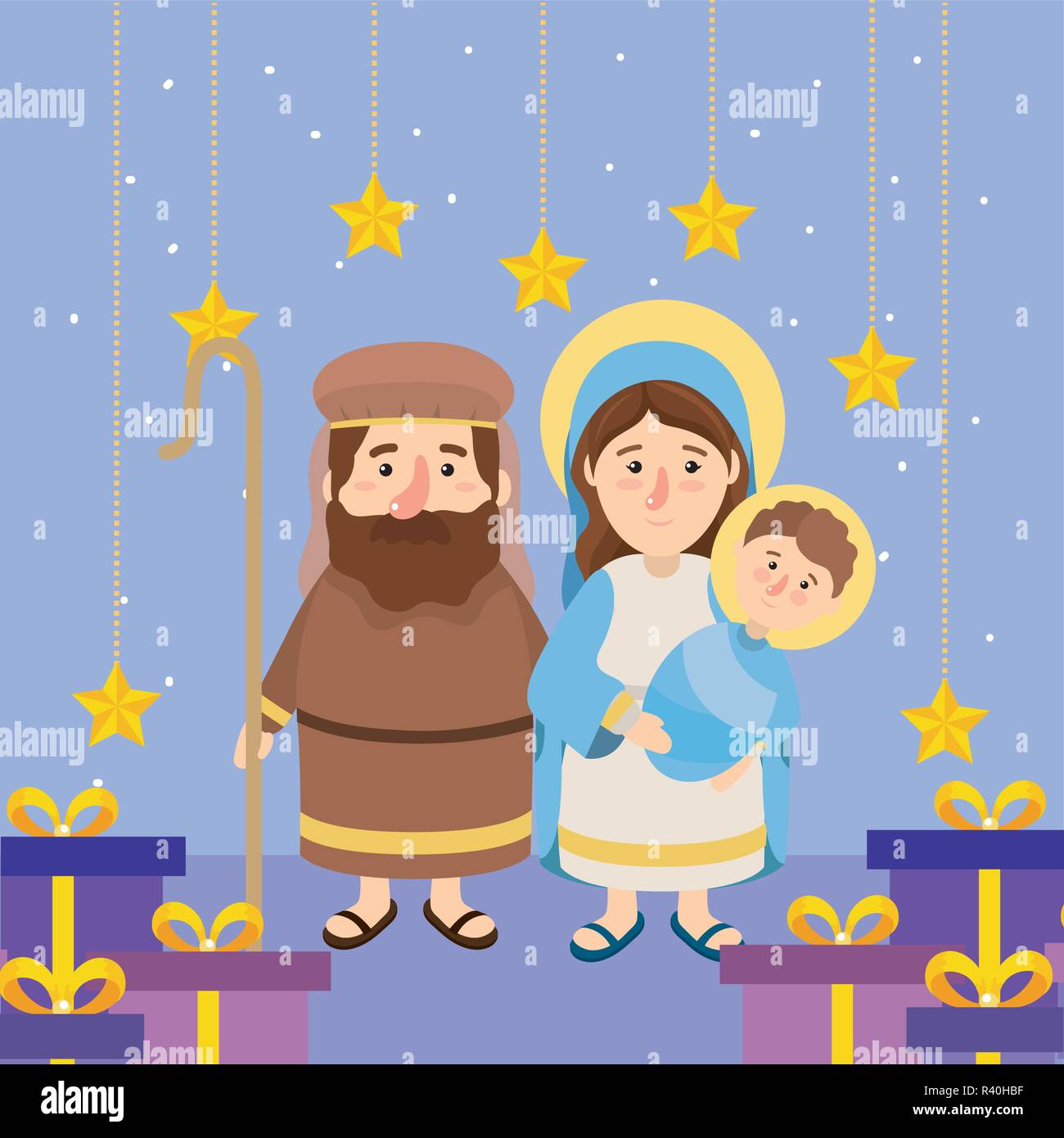 Joseh et Marie avec Jésus et d'étoiles avec présente vector illustration Illustration de Vecteur