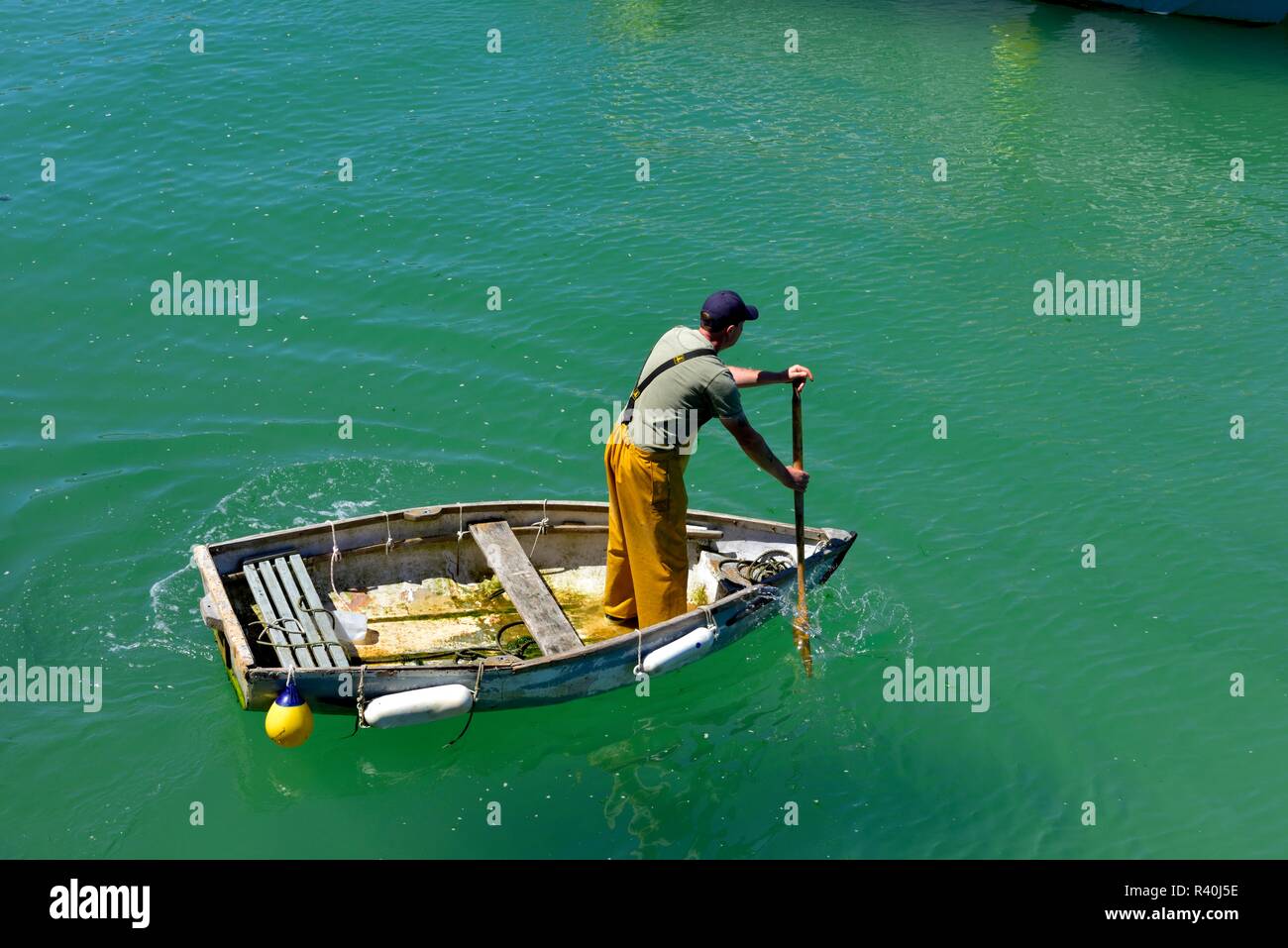 Fisherman standing up Paddling un petit bateau à rames à travers le port de St Ives, Cornwall, Angleterre, Royaume-Uni Banque D'Images