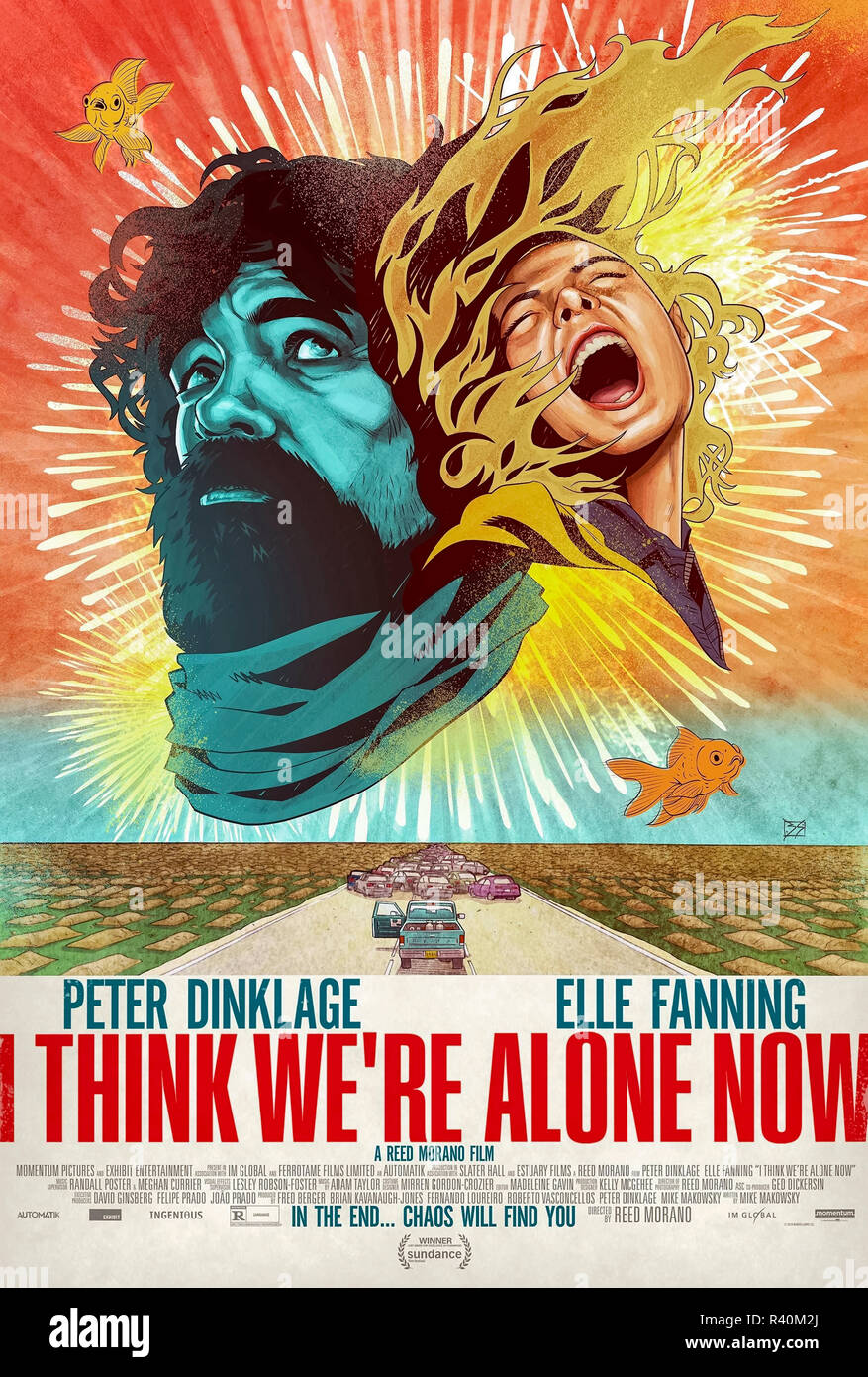 Je pense que nous sommes seuls maintenant (2018) réalisé par Reed Morano et avec Peter Dinklage, Elle Fanning, Charlotte Gainsbourg et Paul Giamatti. Del pense qu'il est le seul survivant de la race humaine et vit heureux jusqu'à ce que Grace arrive. Banque D'Images