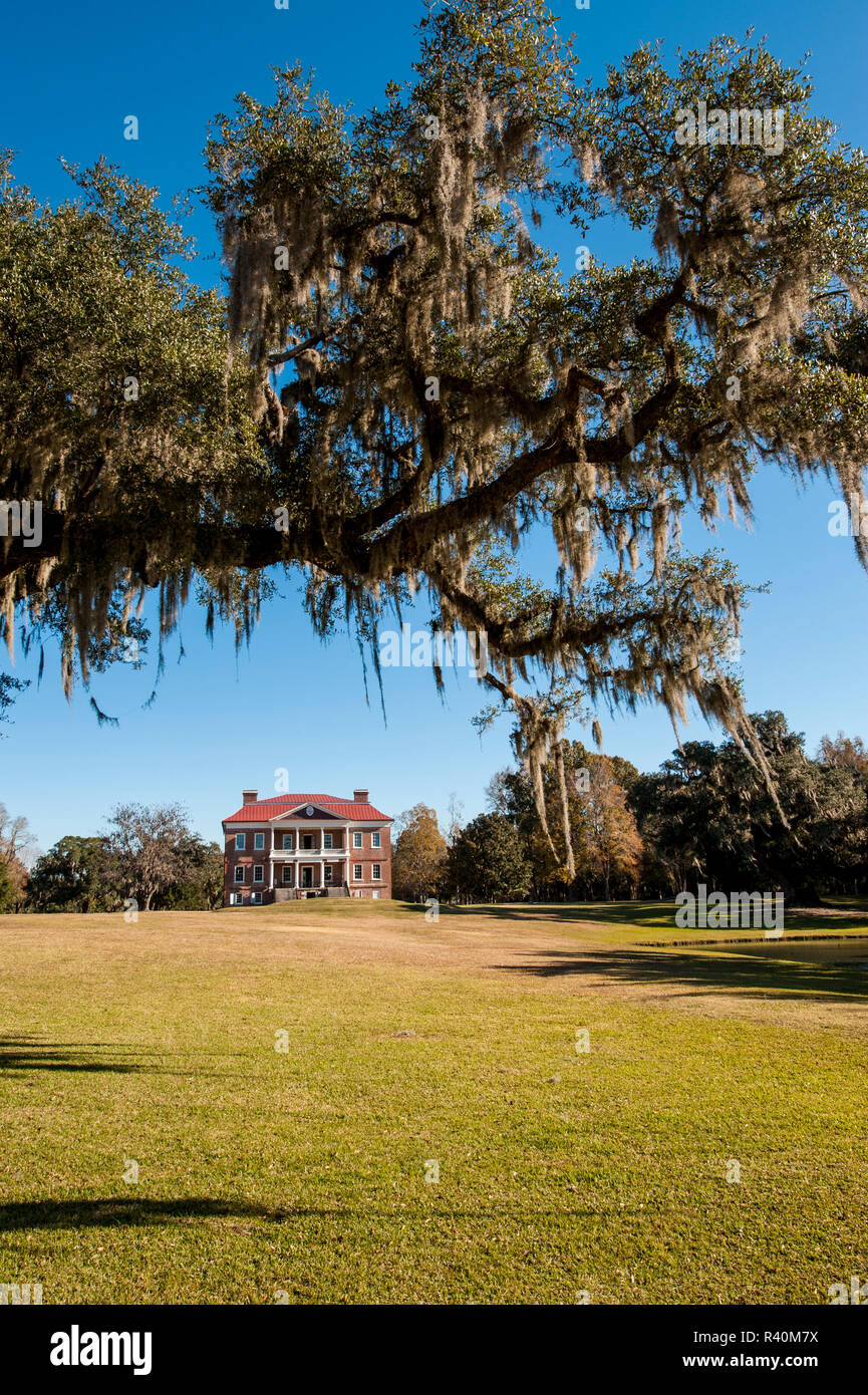 Arbre couvert de mousse espagnole et la Drayton Hall 18e siècle plantation house, Charleston, Caroline du Sud. Banque D'Images