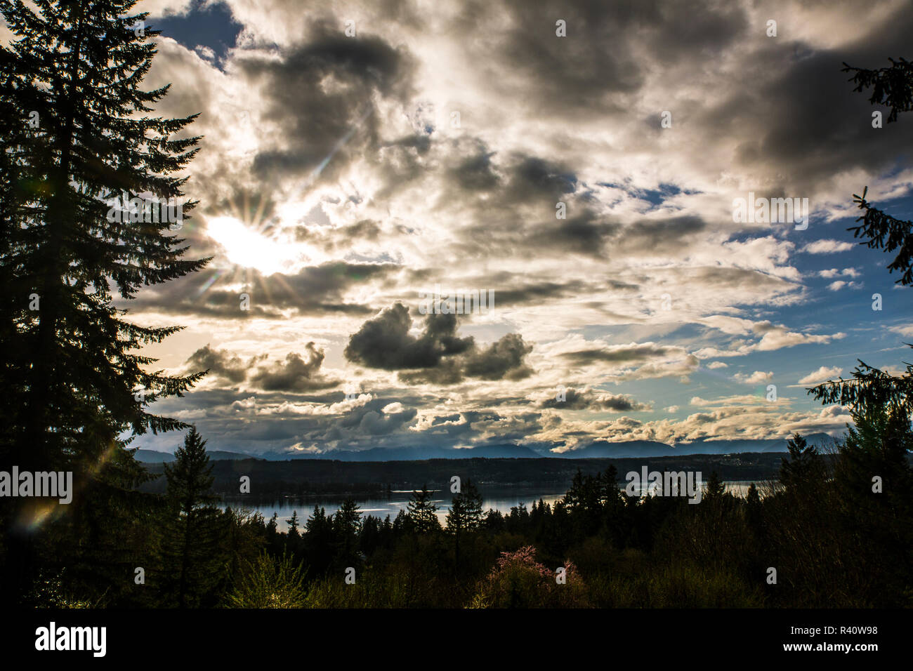 Bremerton, Washington State. La solarisation par des nuages d'argent et de parcelles de ciel bleu sur le Puget Sound et de la forêt verte Banque D'Images