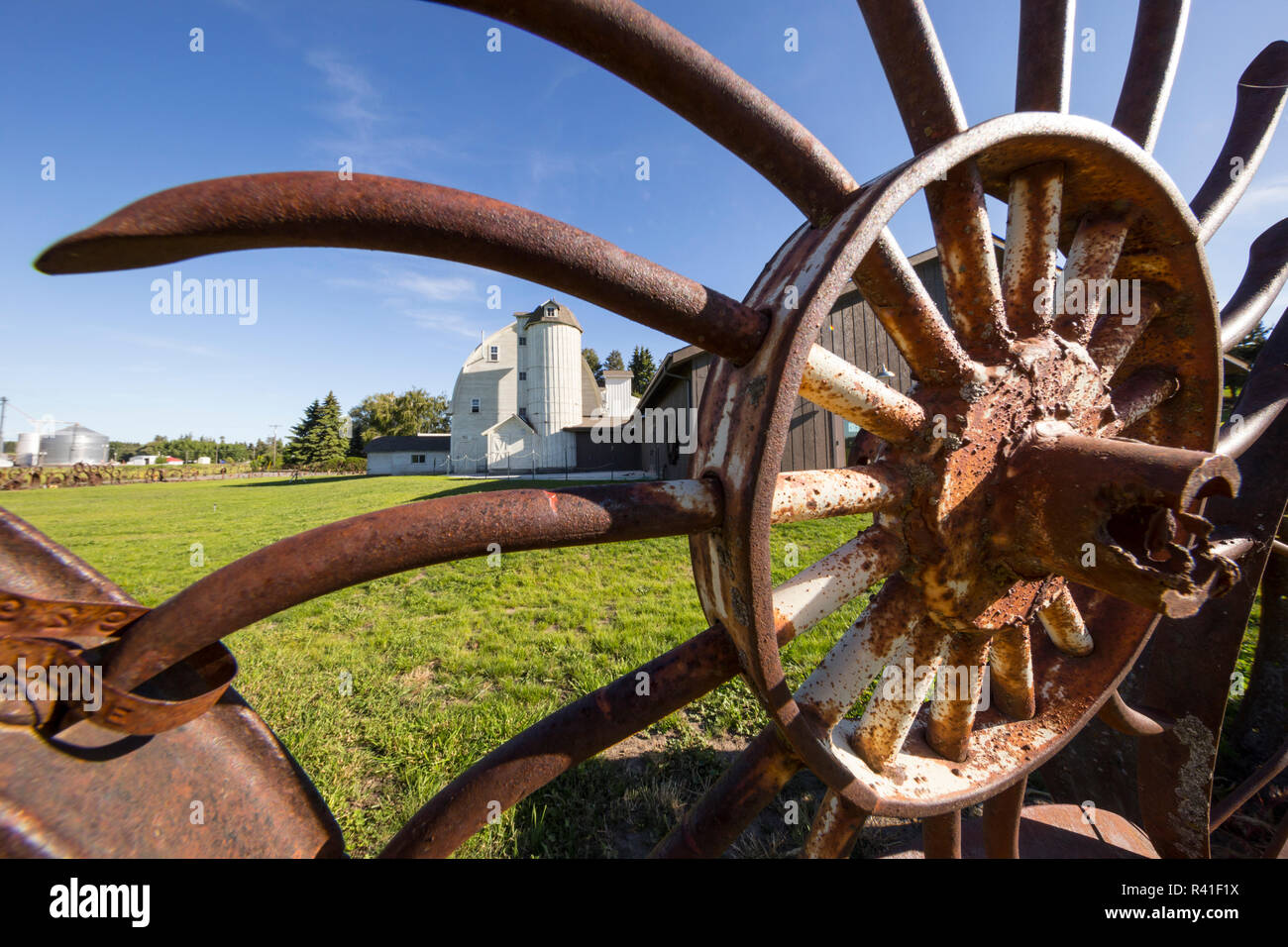 L'État de Washington, USA, Whitman Comté. Clôture à la roue Dahmen ferme, Uniontown. Banque D'Images