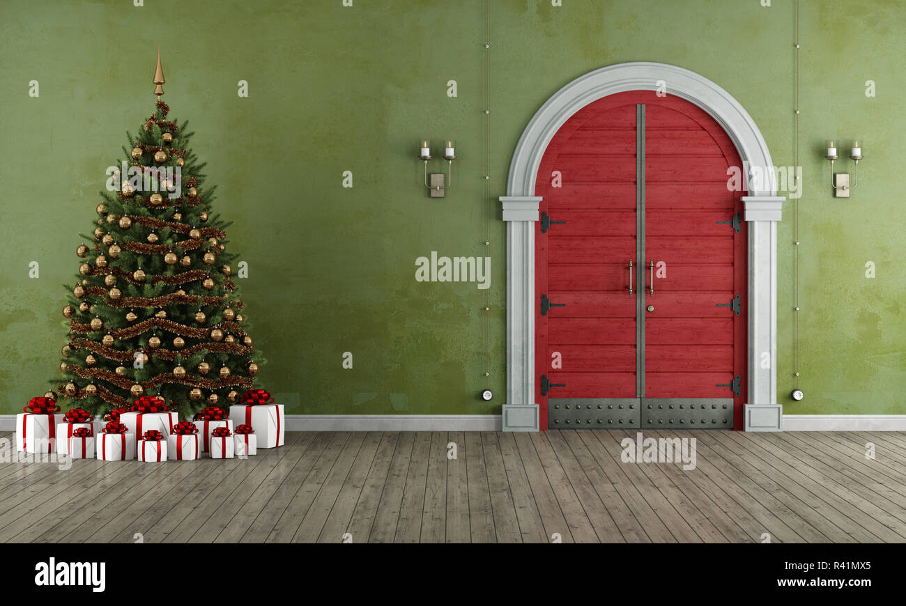Vintage entrée avec arbre de Noël Banque D'Images