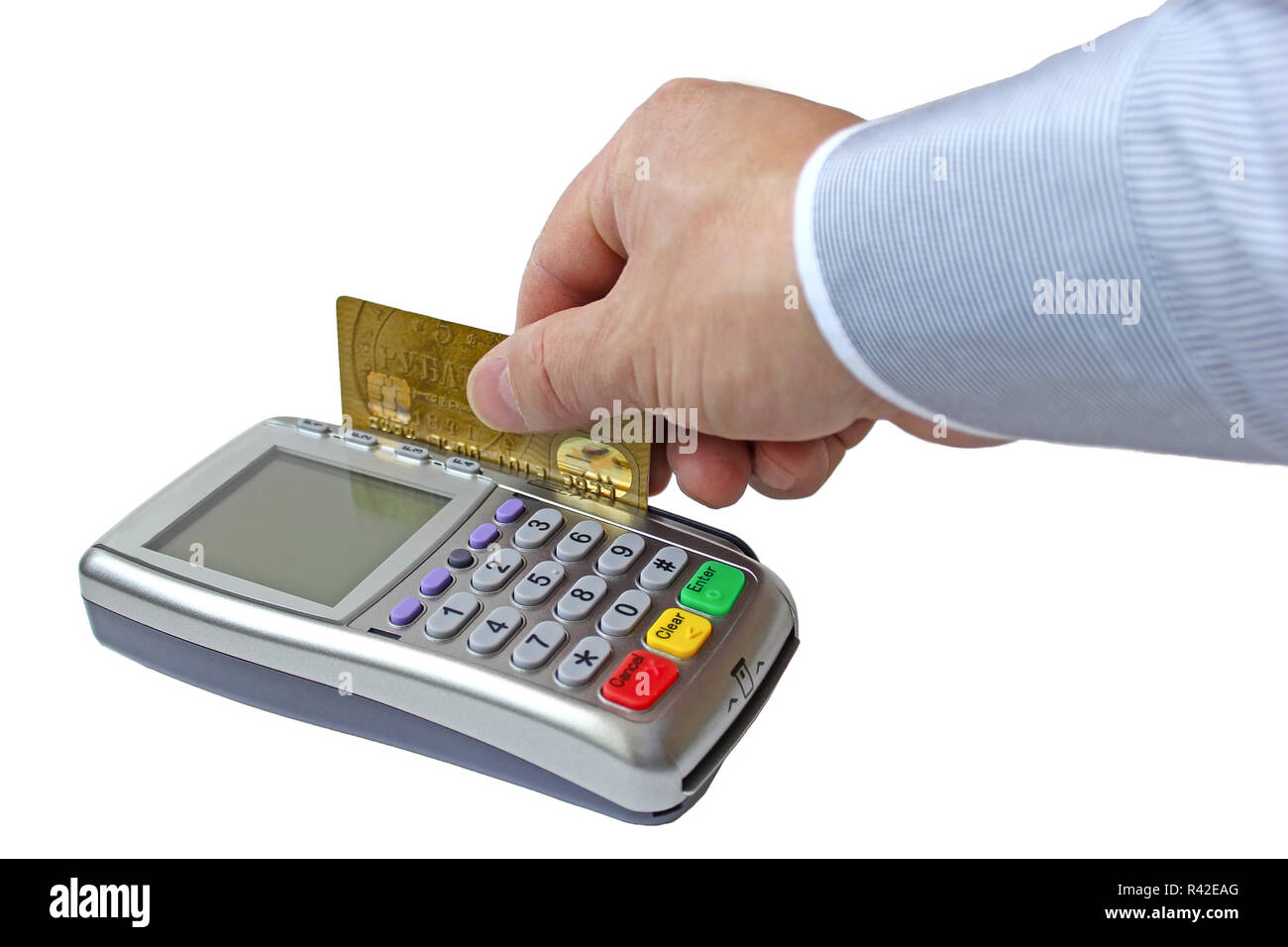 Le paiement des marchandises par carte de crédit via le terminal de paiement Banque D'Images