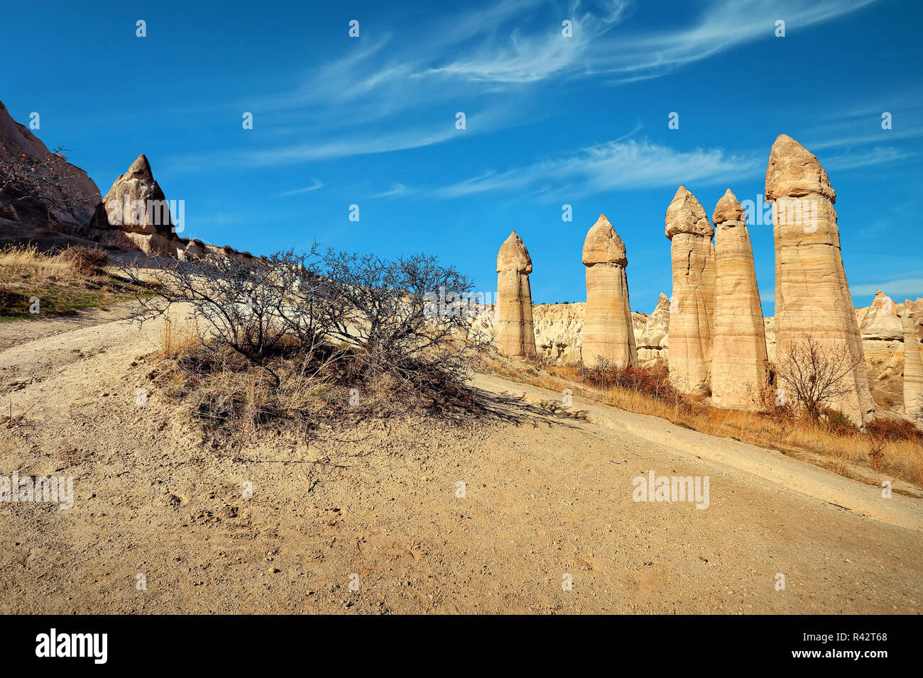 Formations rocheuses connues sous le nom de cheminées de fées de Göreme, près de la vallée de l'amour dans la région de Cappadoce en Turquie. Banque D'Images
