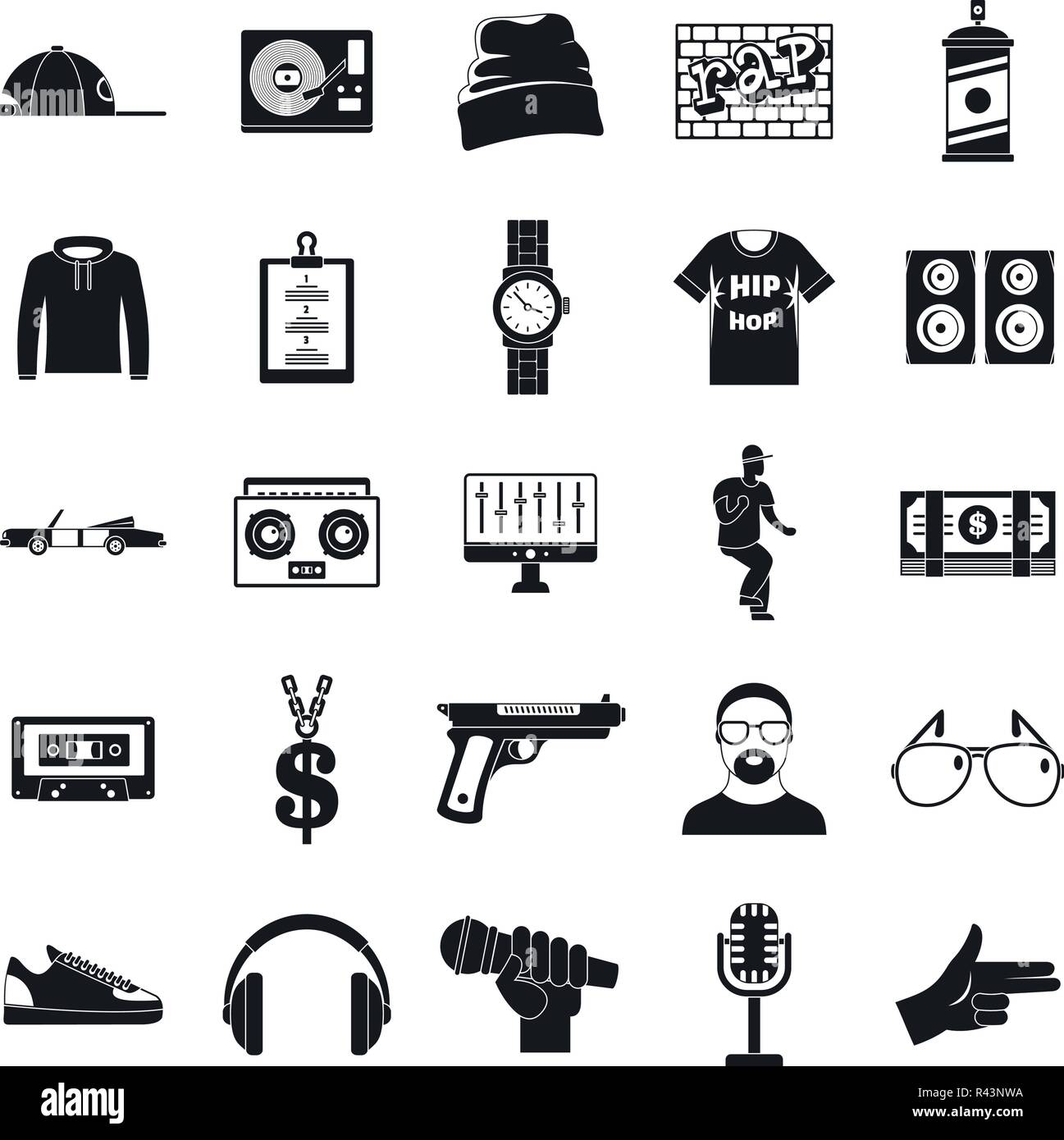 Swag rap hiphop musique danse icons set. Illustration simple de 16 rap hiphop swag musique danse vector icons for web Illustration de Vecteur