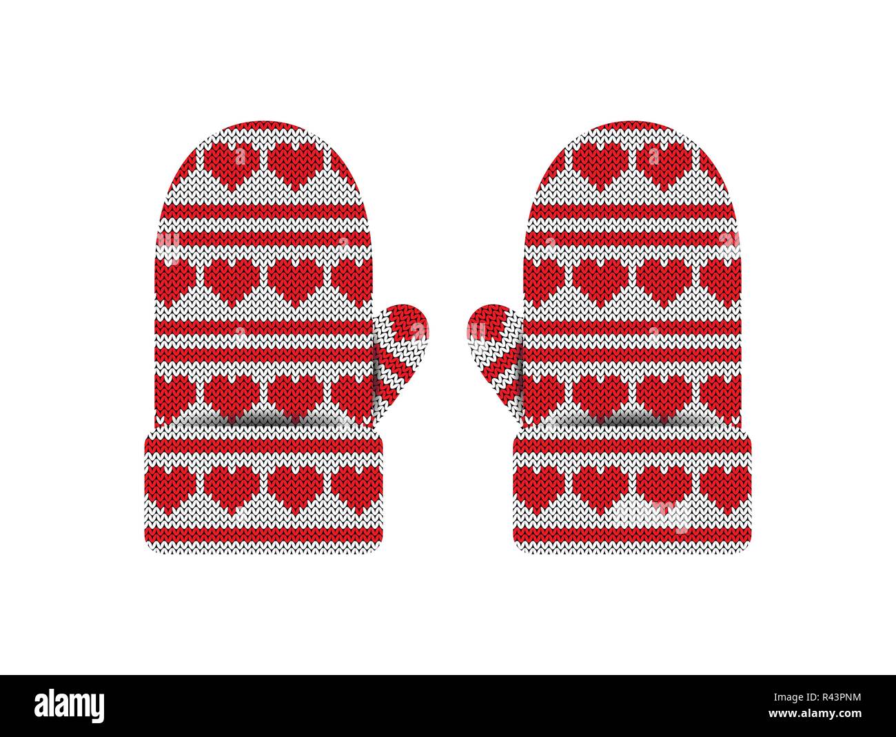 Valentines Day. Mitaines tricotés. Schéma des coeurs et rayures. Rouge et Blanc Illustration de Vecteur