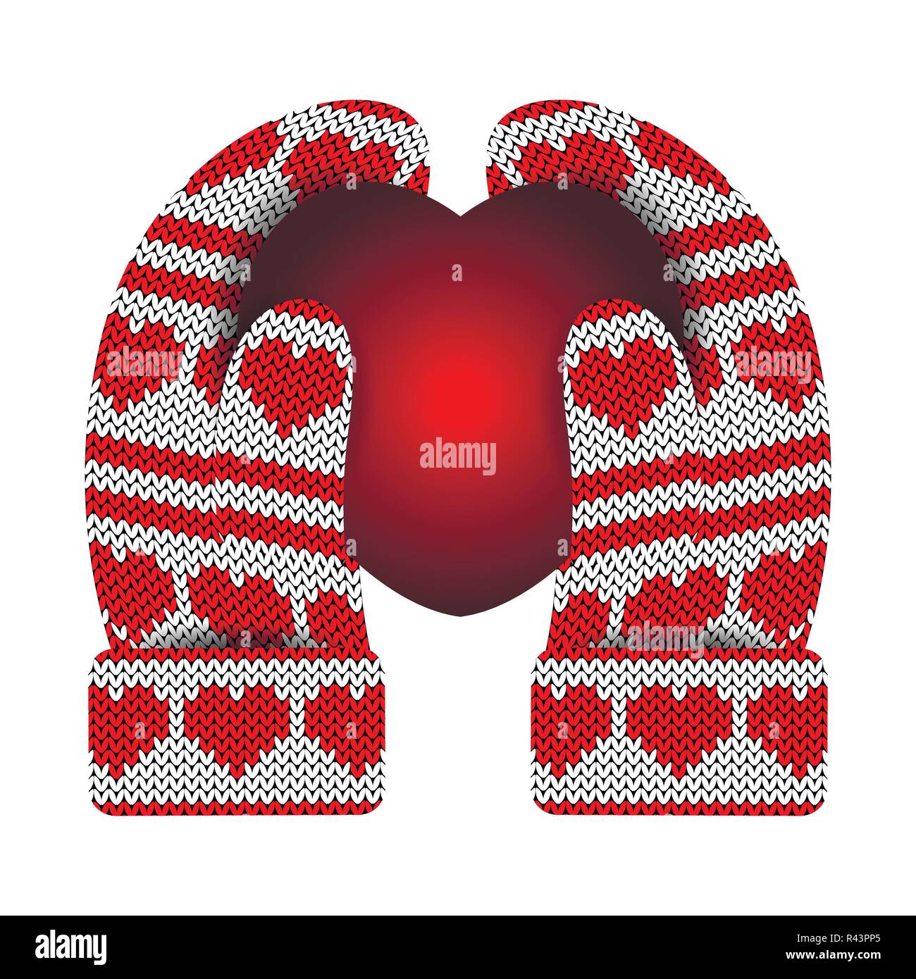 Valentines Day. Dans les mains des mitaines tricotées tenir un cœur lumineux. Modèle de tricot de coeurs et de rayures. Blanc et rouge. Illustration de Vecteur