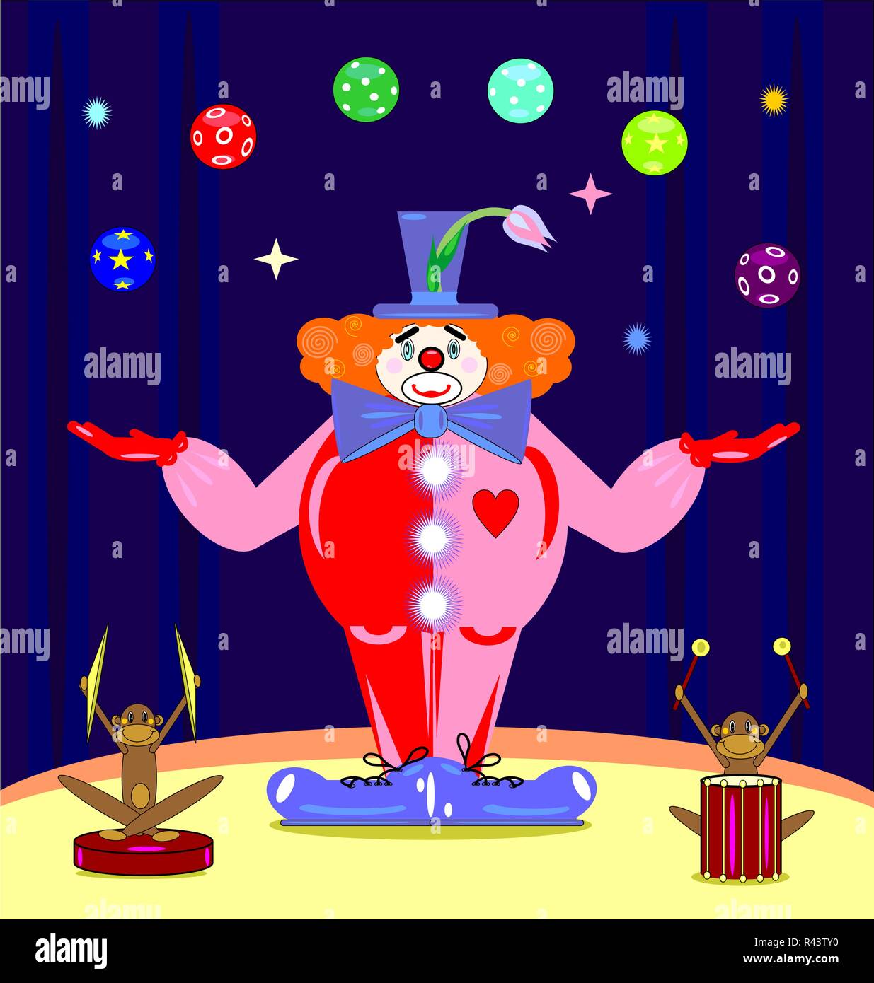 Scène violet foncé, singes et résumé rouge clown qui jongle avec des balles Illustration de Vecteur